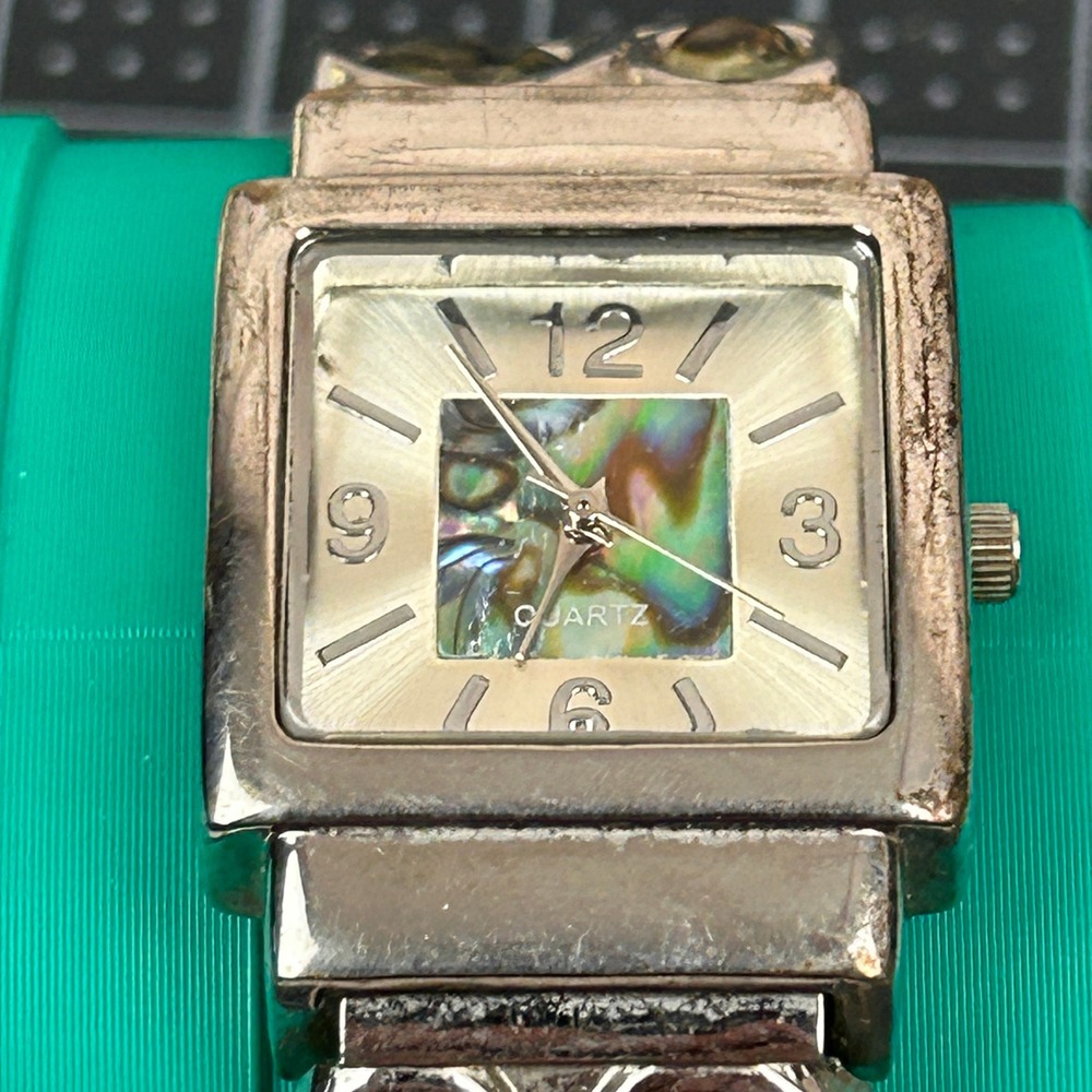 Vintage Style Silver Tone Square Abalone Shell Dial Quartz Watch